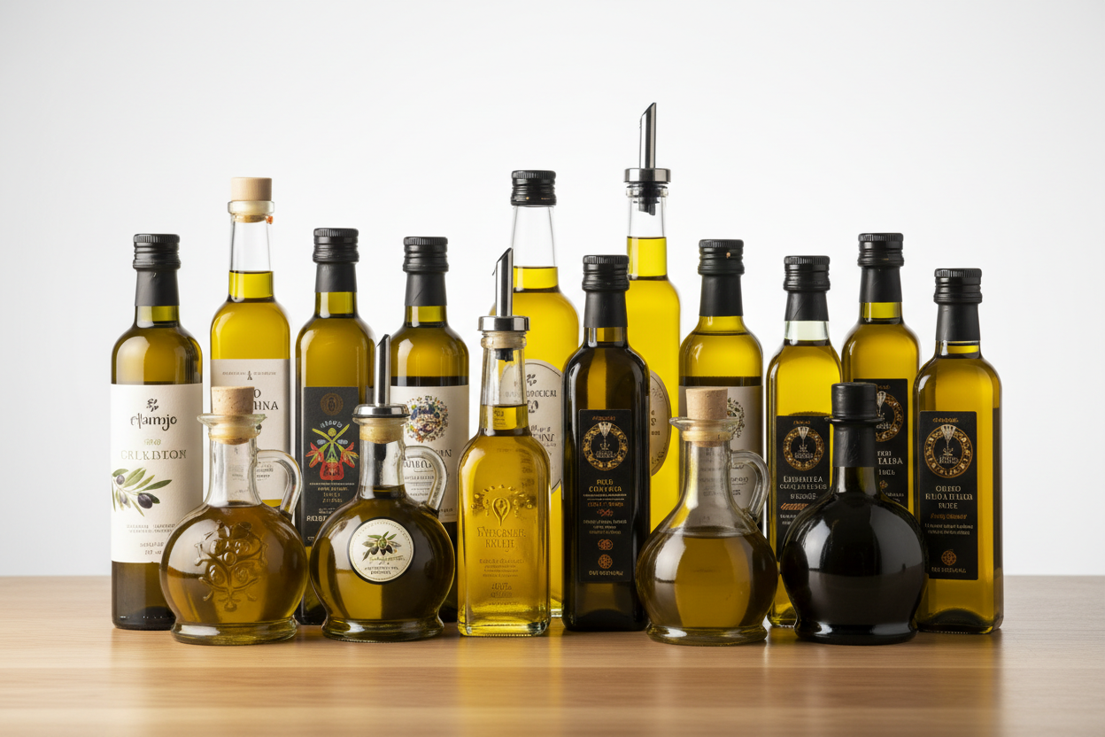 Collection of extra virgin olive oil bottles from different regions including Italian, Spanish, Greek, and California varieties in dark glass packaging.