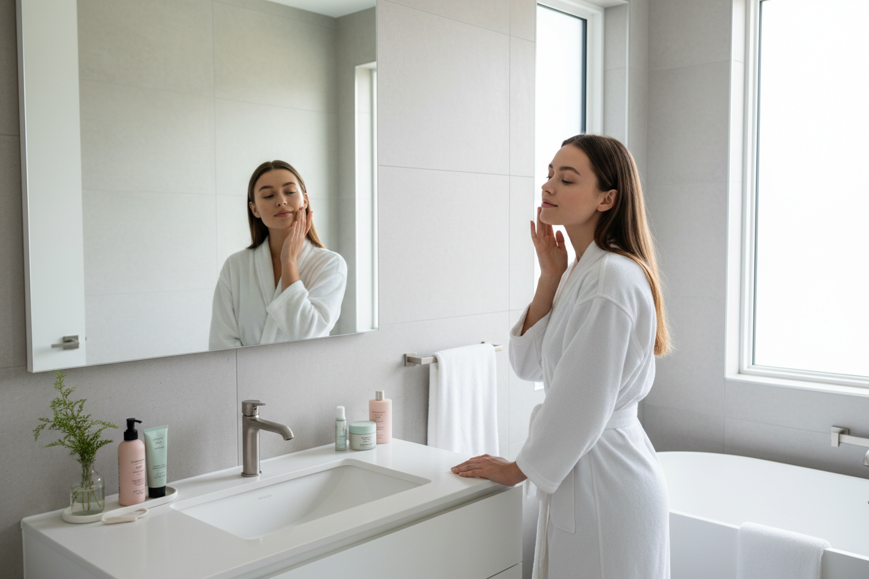 Woman in a robe doing her morning skincare, symbolizing how daily olive oil intake may improve skin texture, reduce dryness, and support anti-aging.