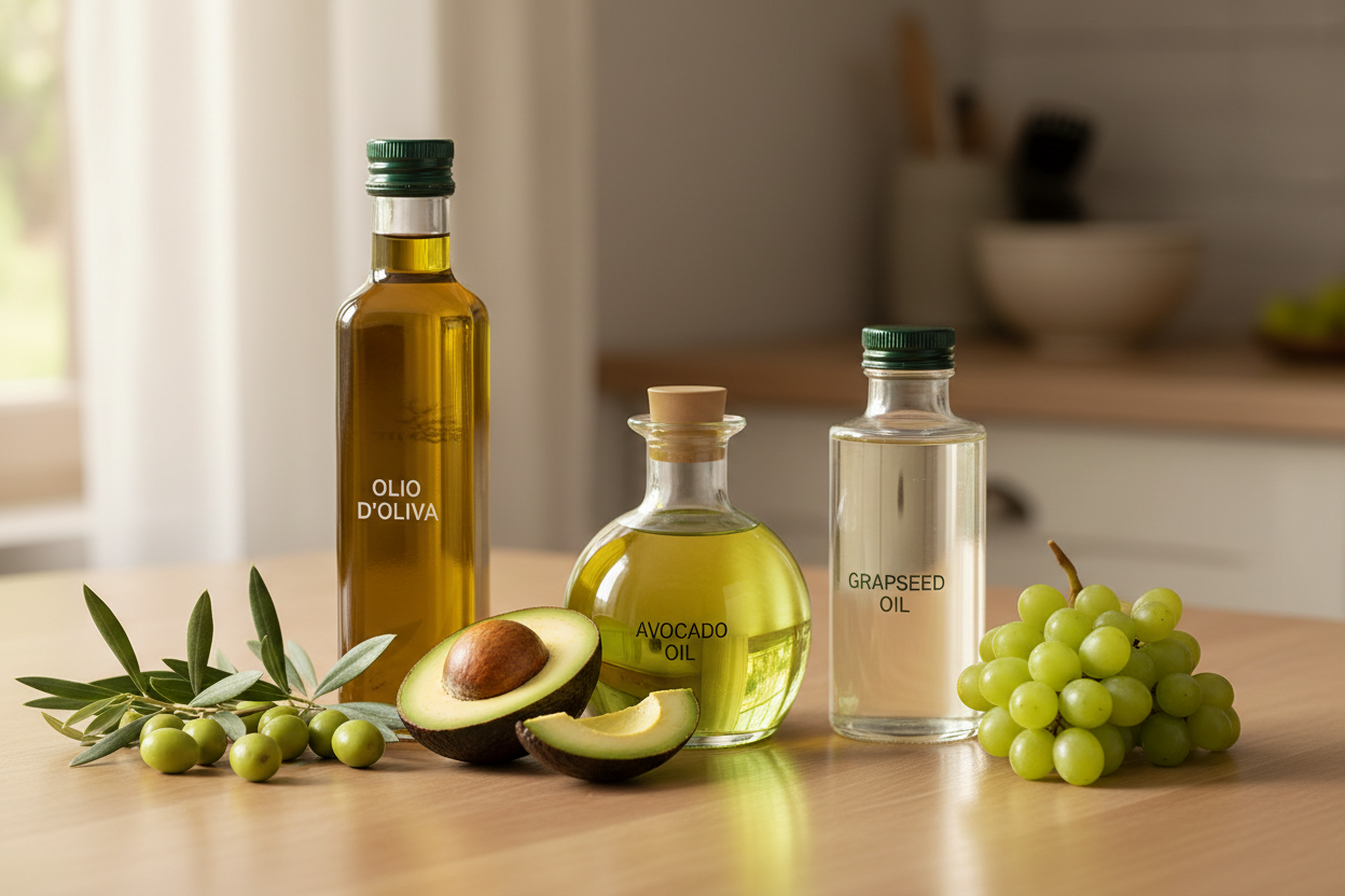 Extra virgin olive oil in dark glass bottle compared to grapeseed oil and other cooking oils showing different colors and packaging for quality comparison.