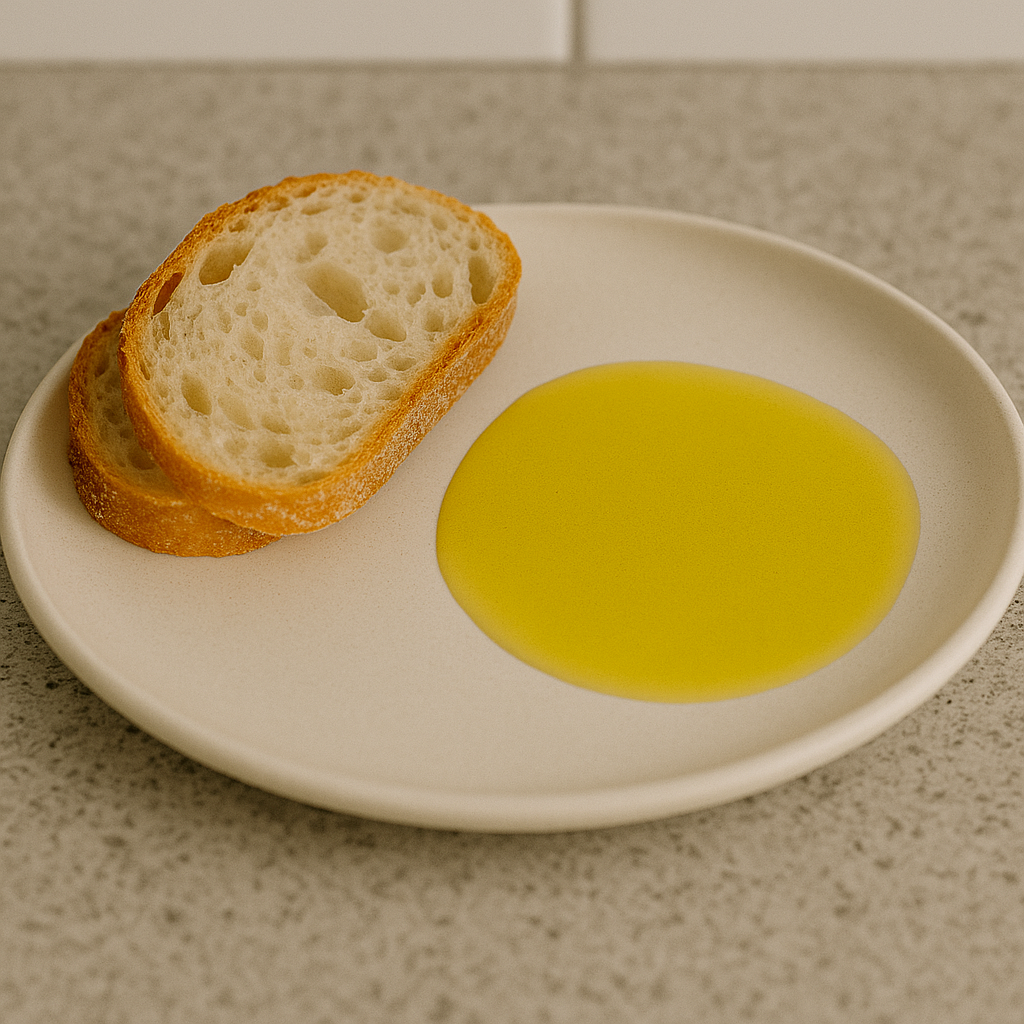 Golden olive oil served with bread, representing how extra virgin olive oil’s oleocanthal helps reduce inflammation naturally, similar to ibuprofen.