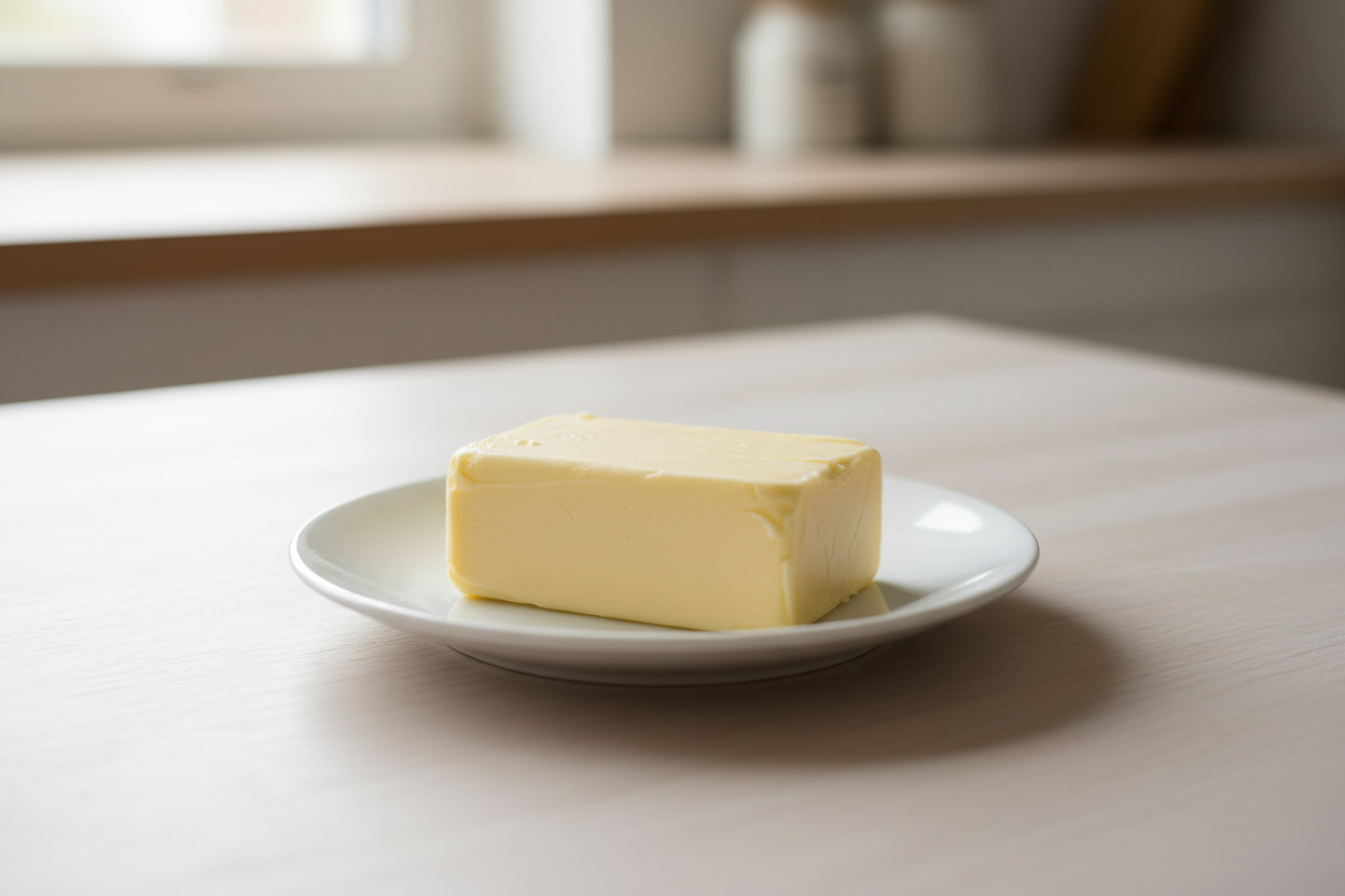 Stick of butter sitting on a white plate, representing the nutritional differences between butter and olive oil for heart health and healthy fats.