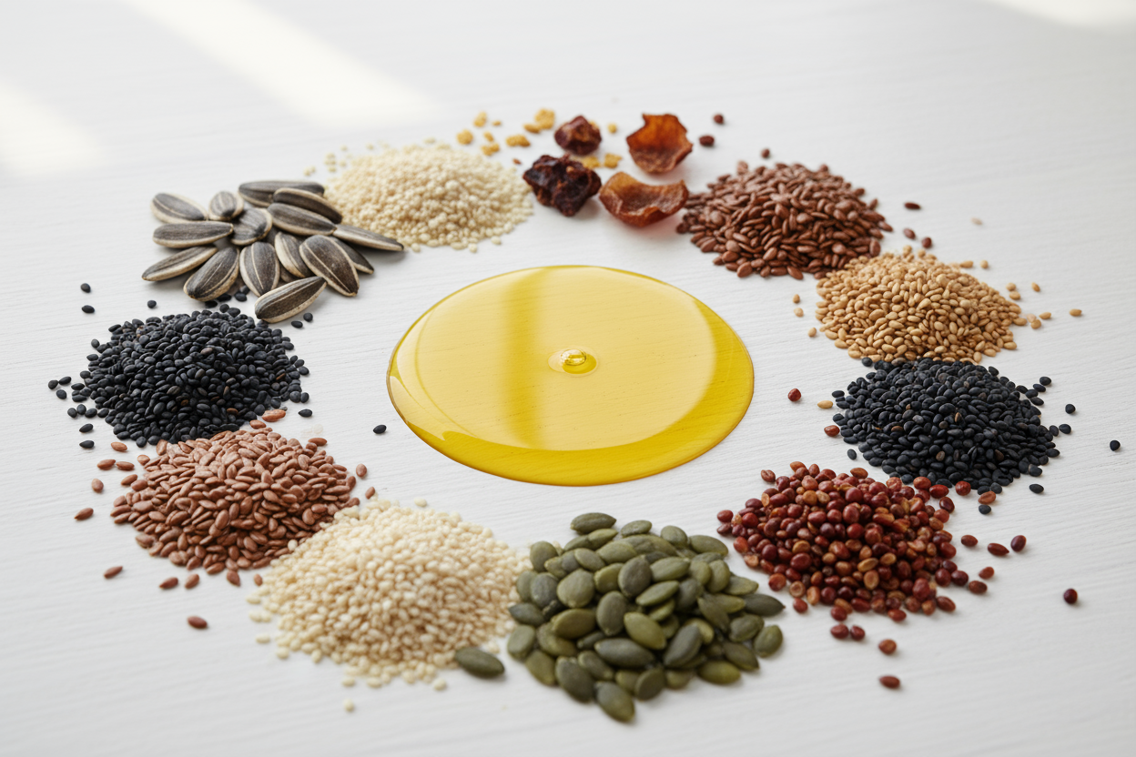 Assortment of seeds surrounding a puddle of oil, illustrating the difference between refined seed oils and healthier options like extra virgin olive oil.