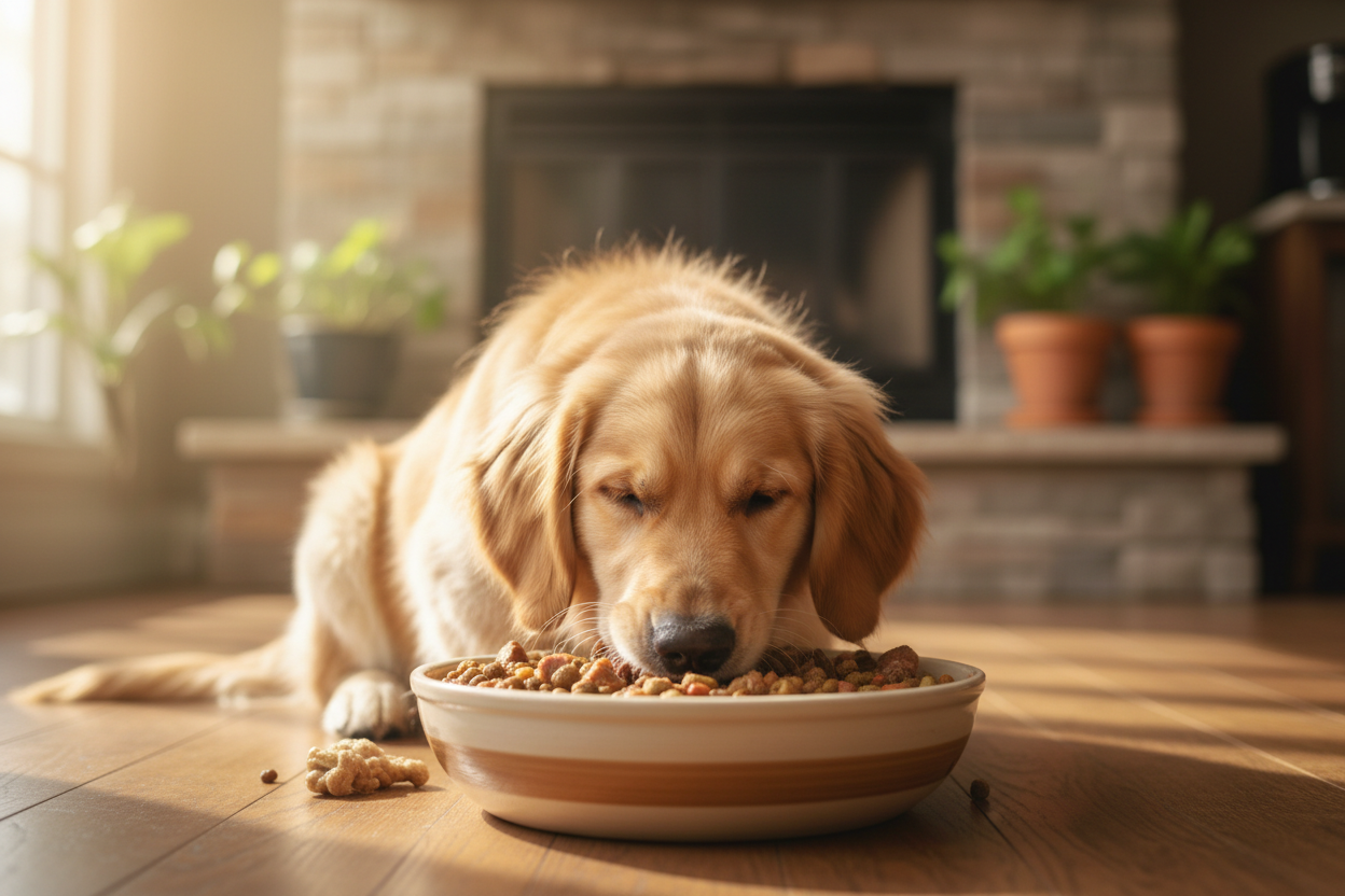 Golden retriever eating a bowl of dog food, representing how adding olive oil to a dog’s meal can support coat health, digestion, and joint mobility.