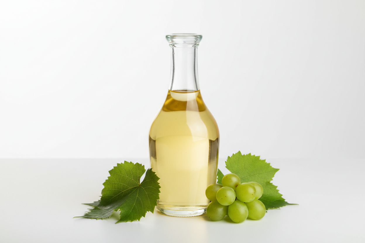 Glass bottle of pale grapeseed oil next to fresh green grapes and leaves, illustrating the differences between grapeseed oil and olive oil for cooking and health.