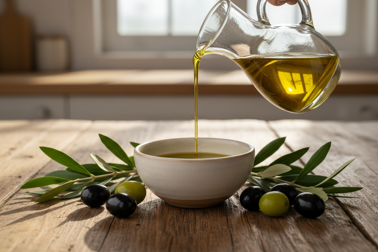 Extra virgin olive oil being poured into a bowl beside fresh olives, illustrating how healthy monounsaturated fats in olive oil can help improve cholesterol levels.