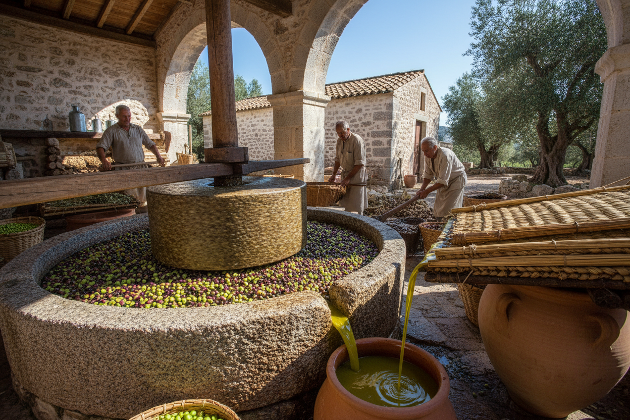 Fresh extra virgin olive oil flowing from a modern centrifugal extraction system during harvest production.
