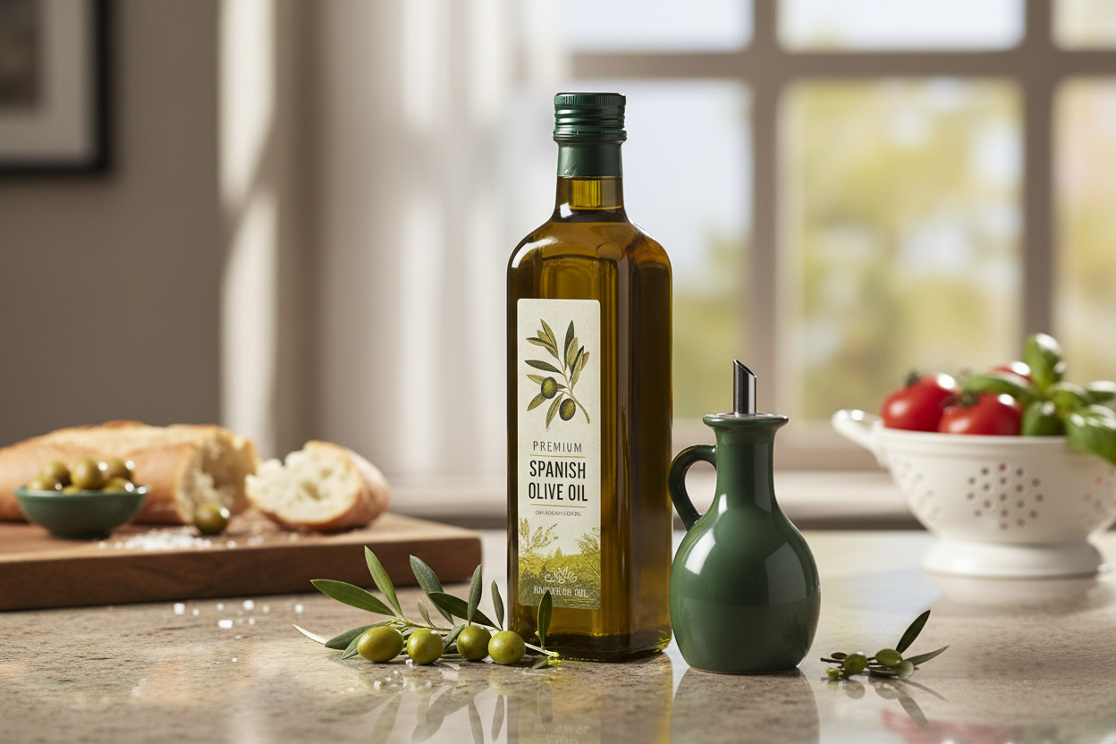 Bottle of premium Spanish olive oil on a countertop beside fresh olives and bread, illustrating how to check olive oil freshness and whether it has gone bad.