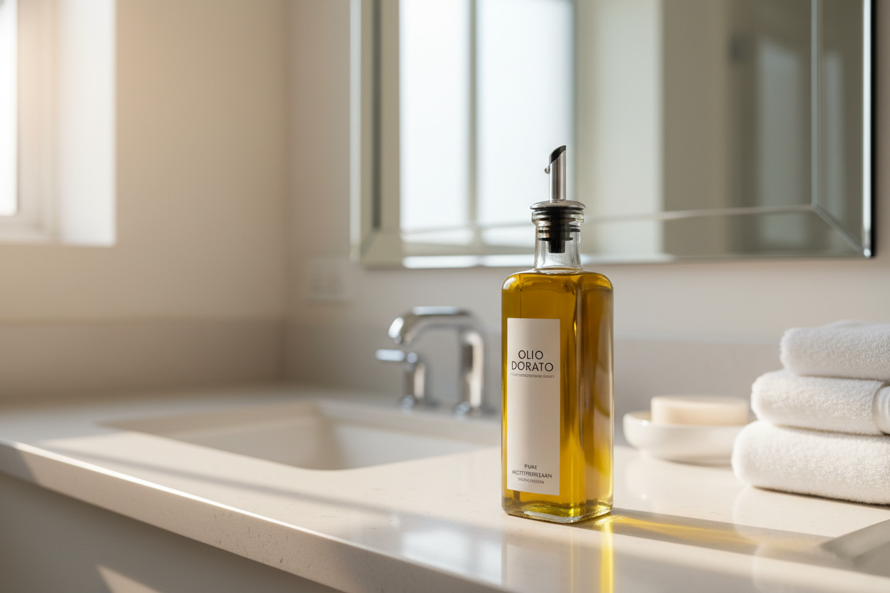 Bottle of golden olive oil on a bathroom counter, representing how olive oil can be used as a natural remedy for constipation and digestive support.