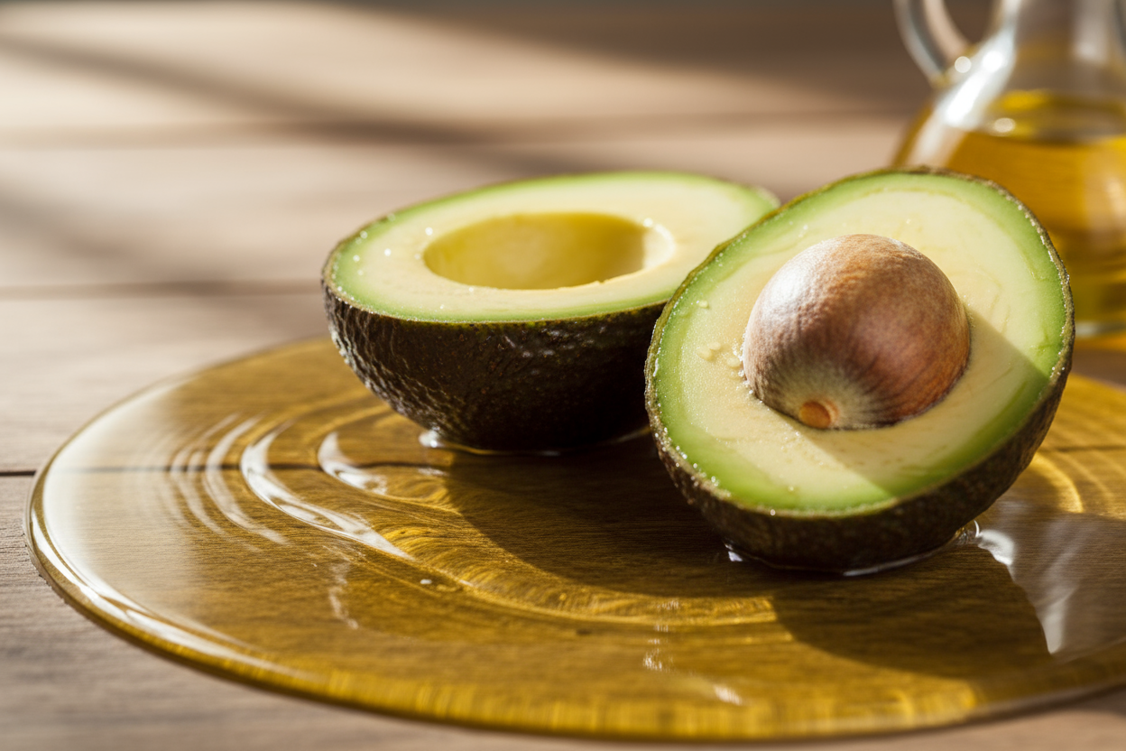 Avocado halves on a glossy layer of avocado oil, highlighting the fruit’s healthy fats, antioxidants, and versatility for cooking, skincare, and nutrition.