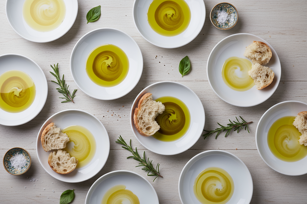 White plates of extra virgin olive oil with bread for dipping, styled with rosemary and basil—representing Mediterranean diet ingredients and healthy cooking.