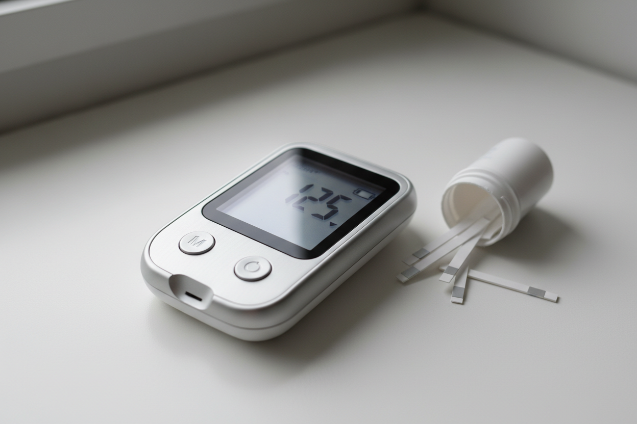 Digital glucose reader with test strips on a clean surface, illustrating tools used for checking fasting glucose, prediabetes risk, and metabolic health.