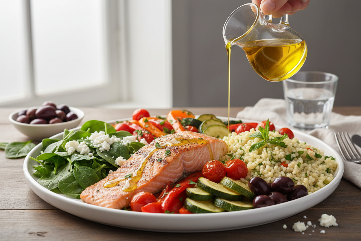 Hand pouring extra virgin olive oil onto a Mediterranean-style plate, symbolizing the heart-healthy, anti-inflammatory benefits that support long-term longevity.