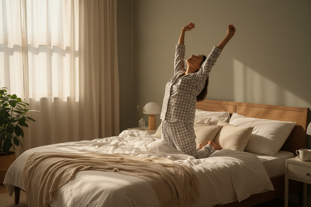 Woman stretching in bed during a bright morning, representing a healthy morning routine and the best time to take olive oil for digestion and energy.
