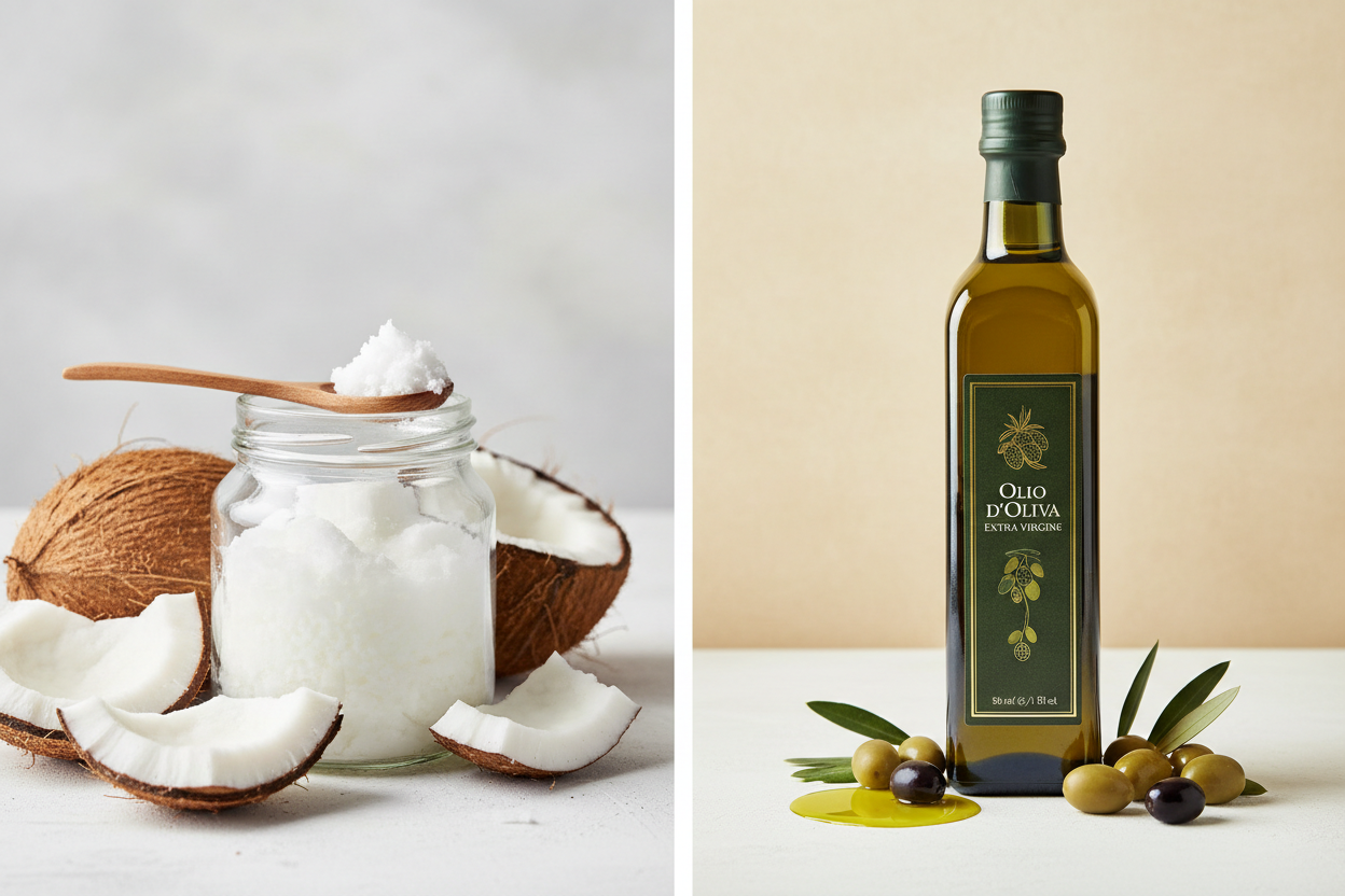 Comparison image showing a jar of coconut oil with coconut pieces next to a bottle of extra virgin olive oil with olives, illustrating the health differences between coconut oil and olive oil.