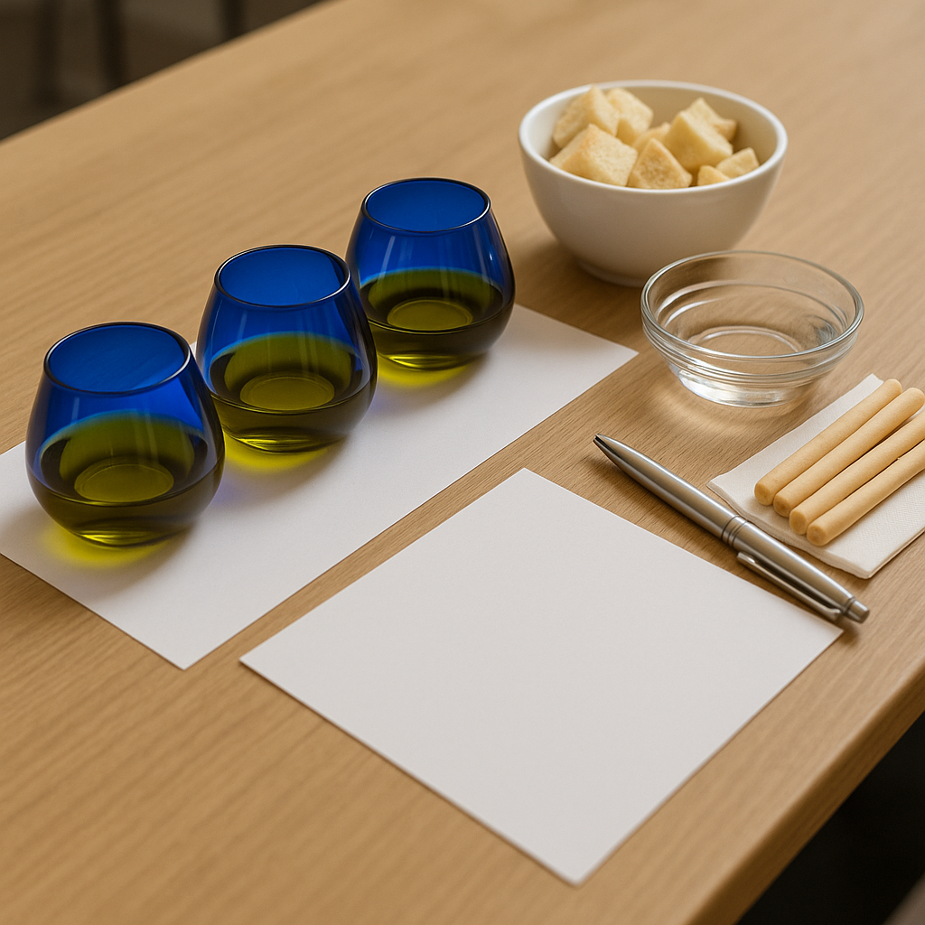 Professional olive oil tasting setup featuring blue tasting glasses, bread cubes, and note cards, illustrating the step-by-step process for how to properly taste and evaluate olive oil.