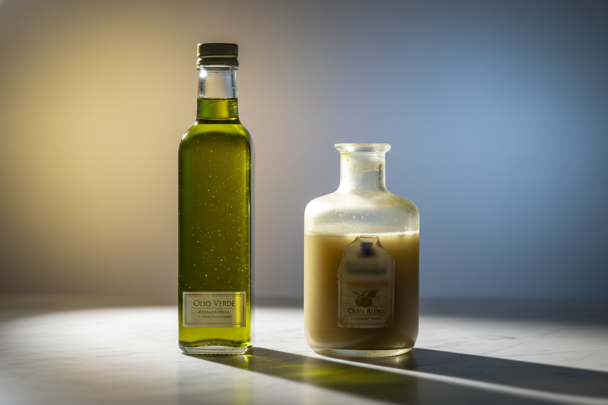 Comparison of two olive oil bottles, one bright green and filtered and the other cloudy and opaque, illustrating signs your olive oil may be fake or adulterated.