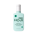 The HOJI BLANCA BOTTLE by Hoji is a light turquoise 250 mL bottle with a white cap, green accents, and minimal design, labeled as organic extra virgin hojiblanca olive oil.