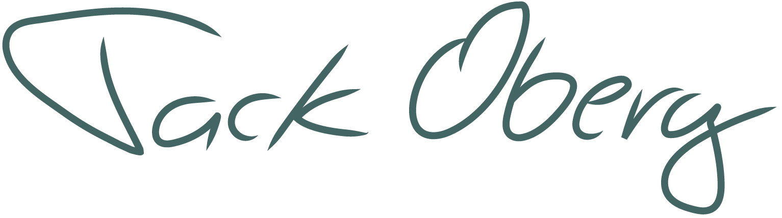Handwritten signature in cursive script that reads Jack Oberg in teal-colored ink on a light background.