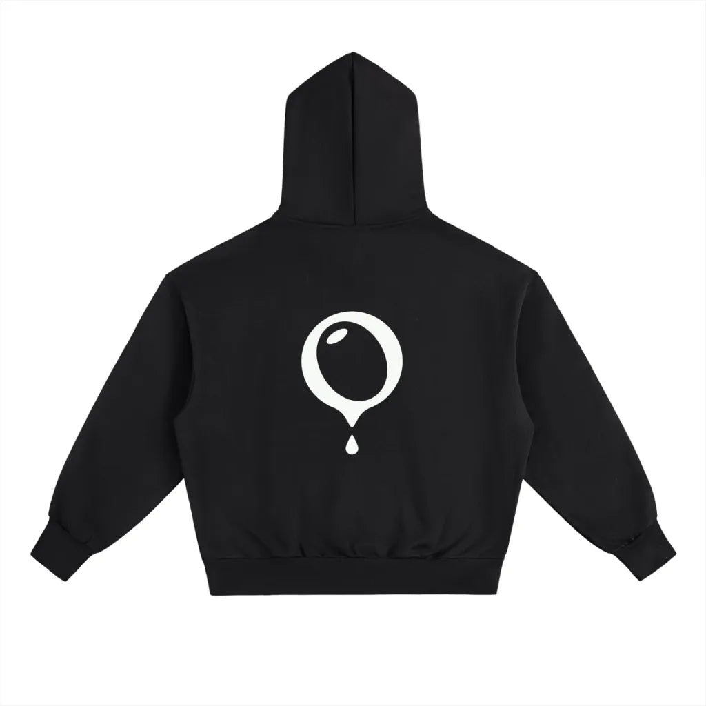The HOJI HOODIE by Hoji is a heavyweight black hoodie shown from the back, featuring a large white drip logo shaped like a round droplet with a single drop falling at the center.