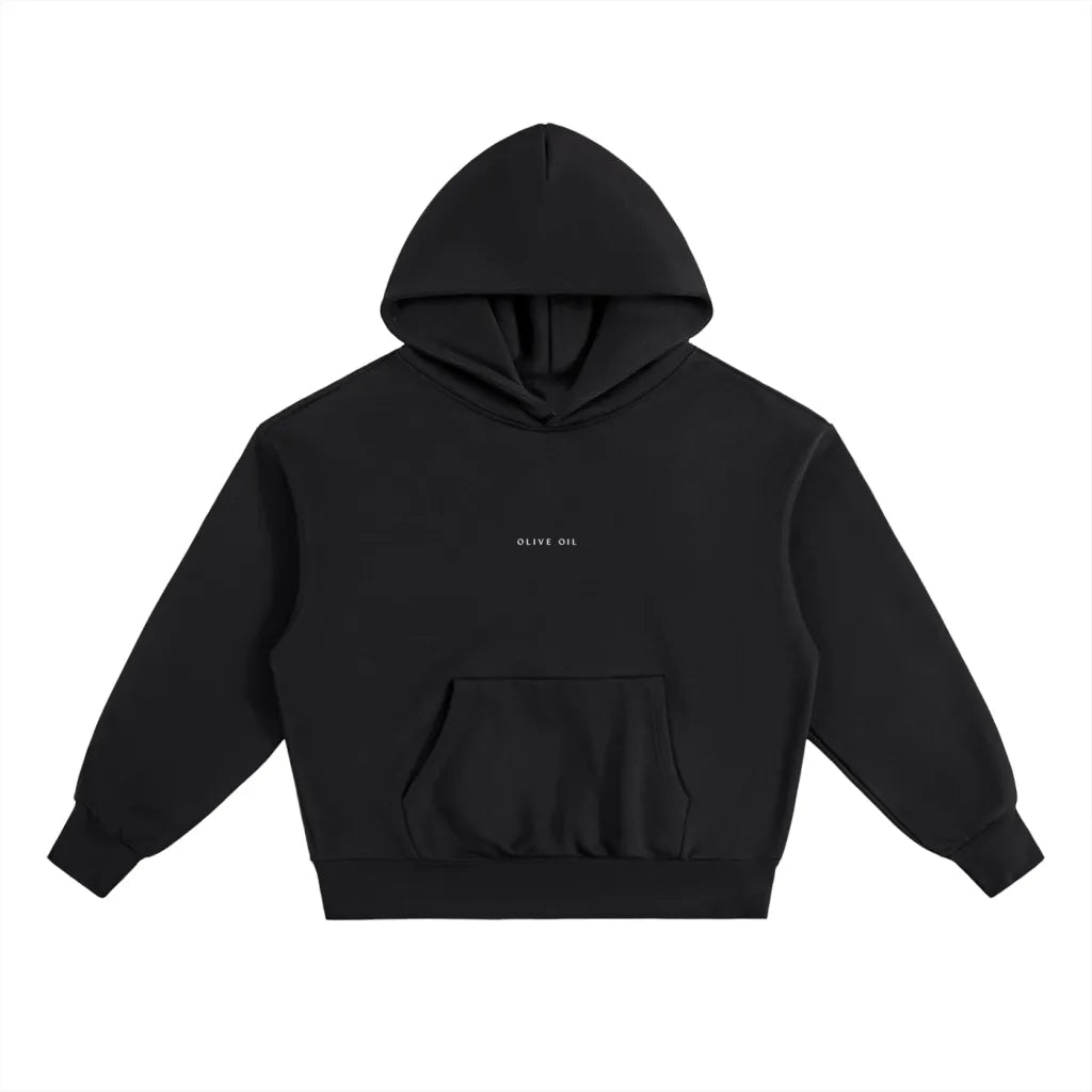 The HOJI HOODIE by Hoji is a heavyweight black hoodie with a front pocket, subtle OLIVE OIL text in white on the chest, and a clean drip logo design, shown on a plain white background.